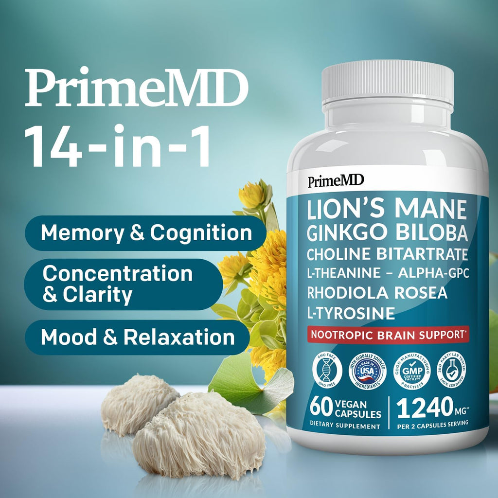14-in-1 Lions Mane Supplement Capsules - Nootropic Brain Supplement with Ginkgo Biloba for Brain Support, Memory and Focus - Alpha GPC, L Theanine and Choline Supplements with 1300mg Per Serving - 2pk