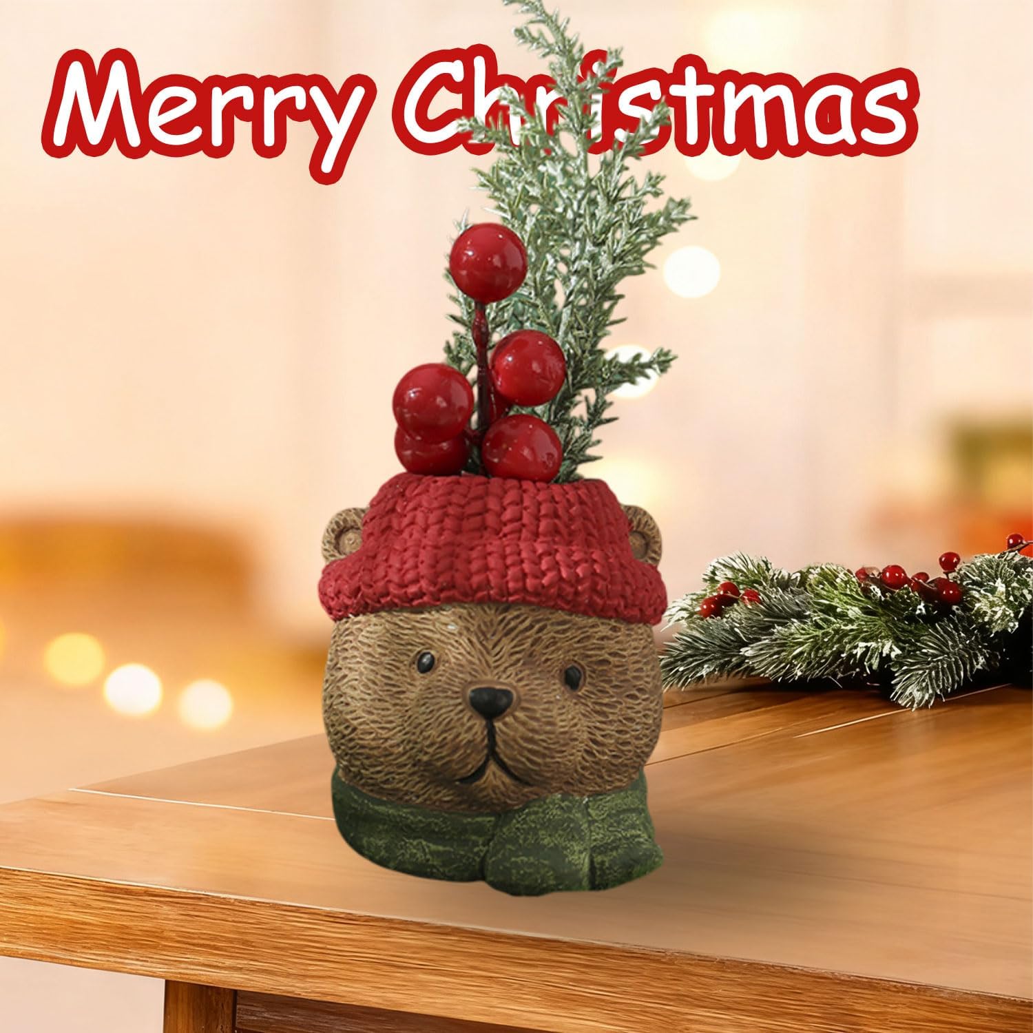 Christmas Table Decorations Artificial Mini Christmas Tree Decorations for Tables Fake Red Berry ＆ Pine Branch with Winter Bear Base Small Xmas Tree Tabletop Decor for Indoor Home Fireplace Mantel