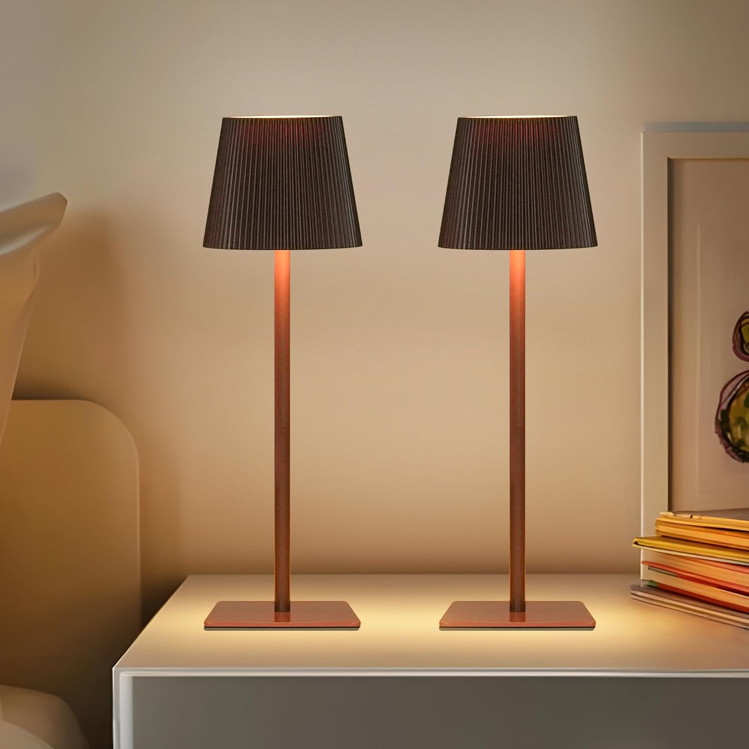 LUTEC 2 Pack Cordless Table Lamp,6000mAh Rechargeable Battery Operated Desk Lamp,Two Adjustable Heights,Waterproof, Touch Control & 3 Color Stepless Dimming for Restaurant/Bedroom/Bars/Outdoor (Brown)