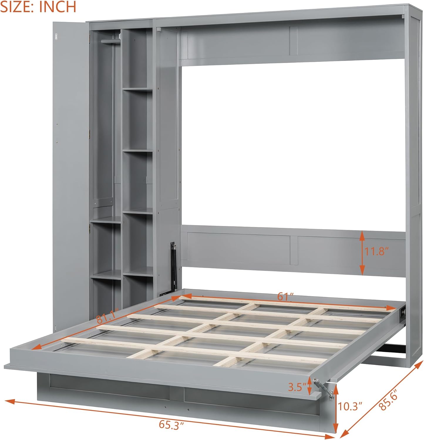 Merax Queen Size Murphy Bed Wall Bed with Shelves, Drawers and LED Lights,Gray