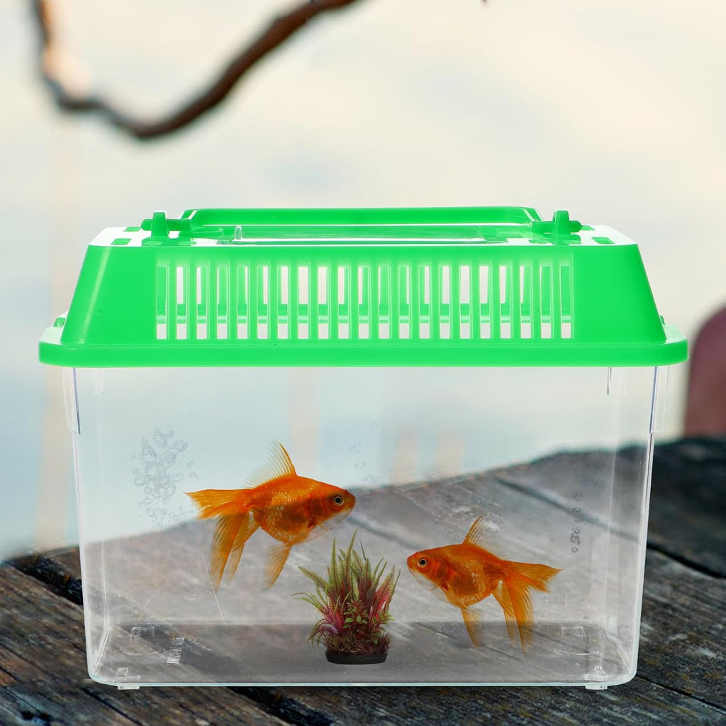 Portable Fish Tank Handheld Fish Tank,Plastic Mini Box Transparent Cutout Design, Plastic Aquarium with Handle for Turtle and Pet (Random Color Lid)