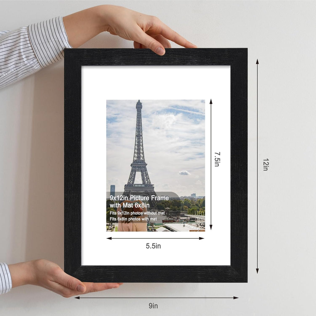 9x12 Picture Frame Set of 4, Made of Glass and Rustic Black Wooden Frame - Display Picture 6x8 with Mat or 9 x 12 Without Mat, 9 by 12 Photo for Wall or Tabletop