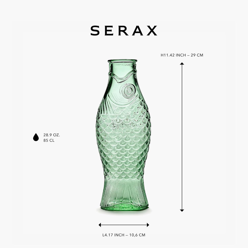 Serax Glass Water Pitcher | Fish & Fish glassware by Paola Navone | Wine Carafe Decanter 28.74 fl oz | Clear Green Bottle Container for hot & cold Drinks | Fridge Beverage Dispenser, Suitable as Vase
