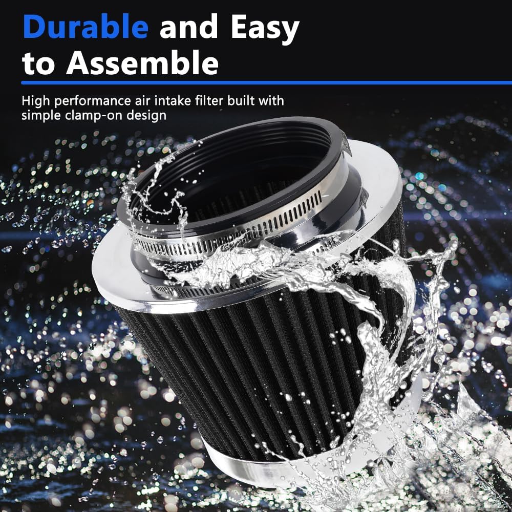 4-Inch Cold Air Intake Filter - Washable, High Performance, 3" or 3-1/2" or 4" Clamp-On Replacement Air Filter Black
