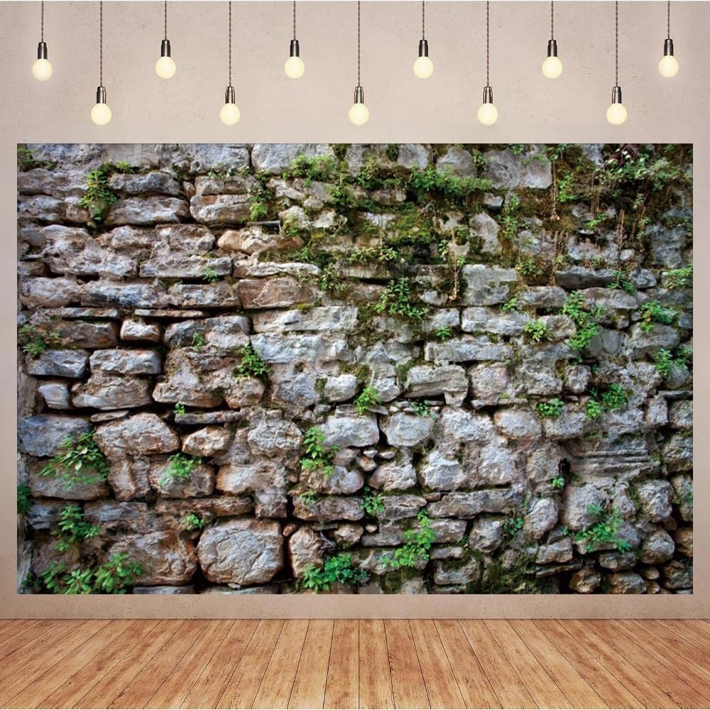 10x6.5ft Rustic Brick Wall Backdrop for Photography Green Moss Stone Wall Textured Background Vintage Rocky Reptile Tank Background Spring Garden Decoration for Child Adult Portrait Studio Photo Props