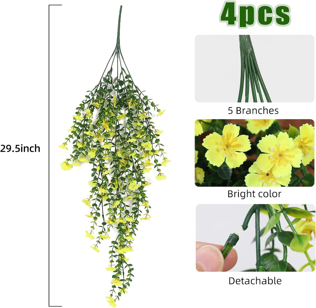 RECUTMS Artificial Hanging Flowers for Outdoors 4 Pcs Fake Mums Plant Decor Realistic Real Touch Silk Flower UV Resistant Trailing Vine Look Real for Yard Porch Patio Garden Balcony (Yellow)