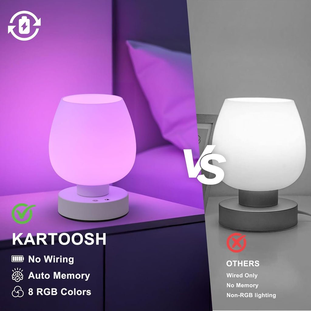 Cordless Portable Touch Bedside Table Lamp - Rechargeable Modern Small Table Lamp with White Glass Shade, Stepless Dimmable & 8 RGB Colors & Memory, Desk Lamp for Nursery Bedroom Nightstand, Gifts