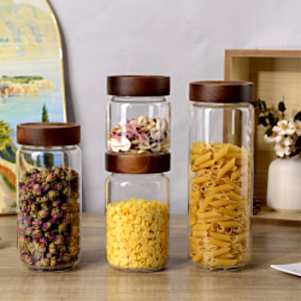 24 fl oz/710 ml Glass Jar with Airtight Wooden Screw Top Lid, Clear Stackable Food Storage Canister, Medium Cute Decorative Glass Container for Coffee, Candy, Cookie, Sugar, Oatmeal, Spice