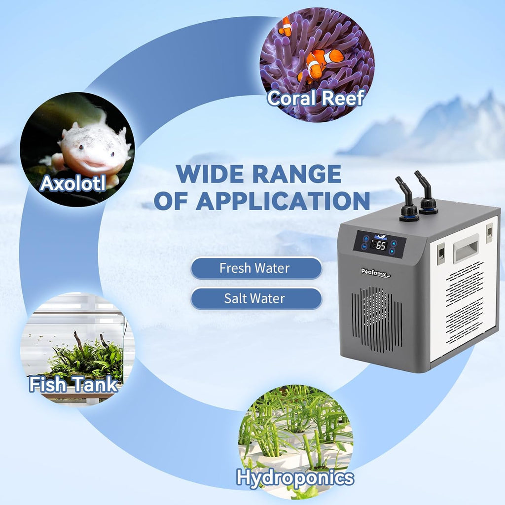 [New Upgrade] Poafamx Aquarium Chiller 42gal (160L), 1/10 HP Water Chiller with Touch Screen, Special Quiet Aquarium Cooler for Fresh/Salt Water Fish Tank, Hydroponics System, Axolotl, Coral Reef