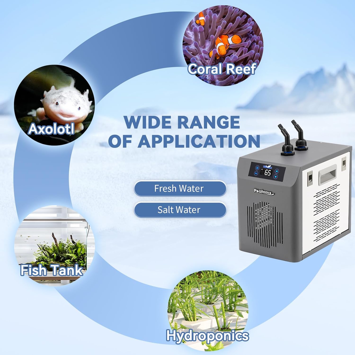 [New Upgrade] Poafamx Aquarium Chiller 42gal (160L), 1/10 HP Water Chiller with Touch Screen, Special Quiet Aquarium Cooler for Fresh/Salt Water Fish Tank, Hydroponics System, Axolotl, Coral Reef