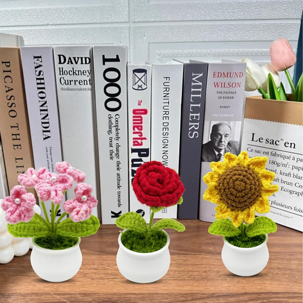 3pcs Crochet Flowers Cute Potted Flower,Mini Flower Bouquet for Mom Wife, Cute Desk Decor for Women,Artificial Handmade Flowers for Car Dashboard,Home Office Decoration (Color#4)