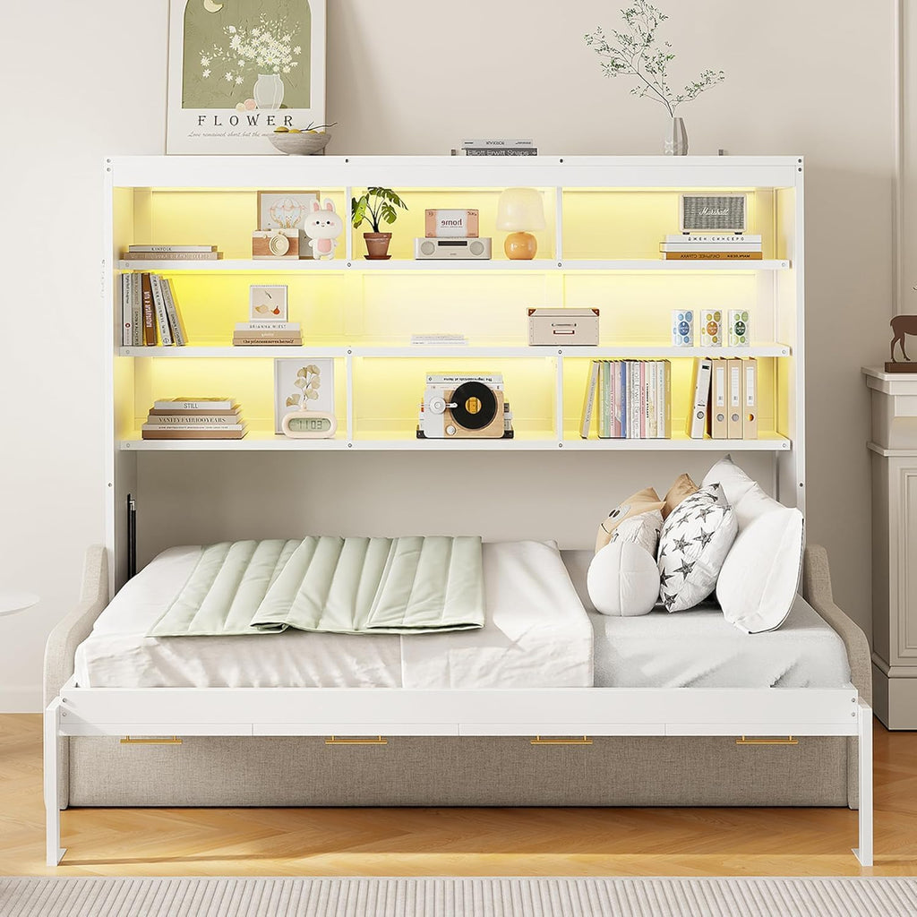 Full Horizontal Murphy Bed with Sofa and Storage Shelves,LED Light,Solid Wood Space Saving Hideaway Murphy Wall Bed with Couch and Storage for Adults (Beige,Full)