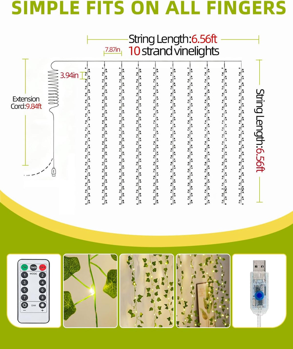 KASZOO Vines with Fairy Lights for Bedroom - 200 LED Ivy Curtain Wall Vines for Wedding, Party, Dorm, Indoor & Outdoor Use, 6.5ft x 6.5ft