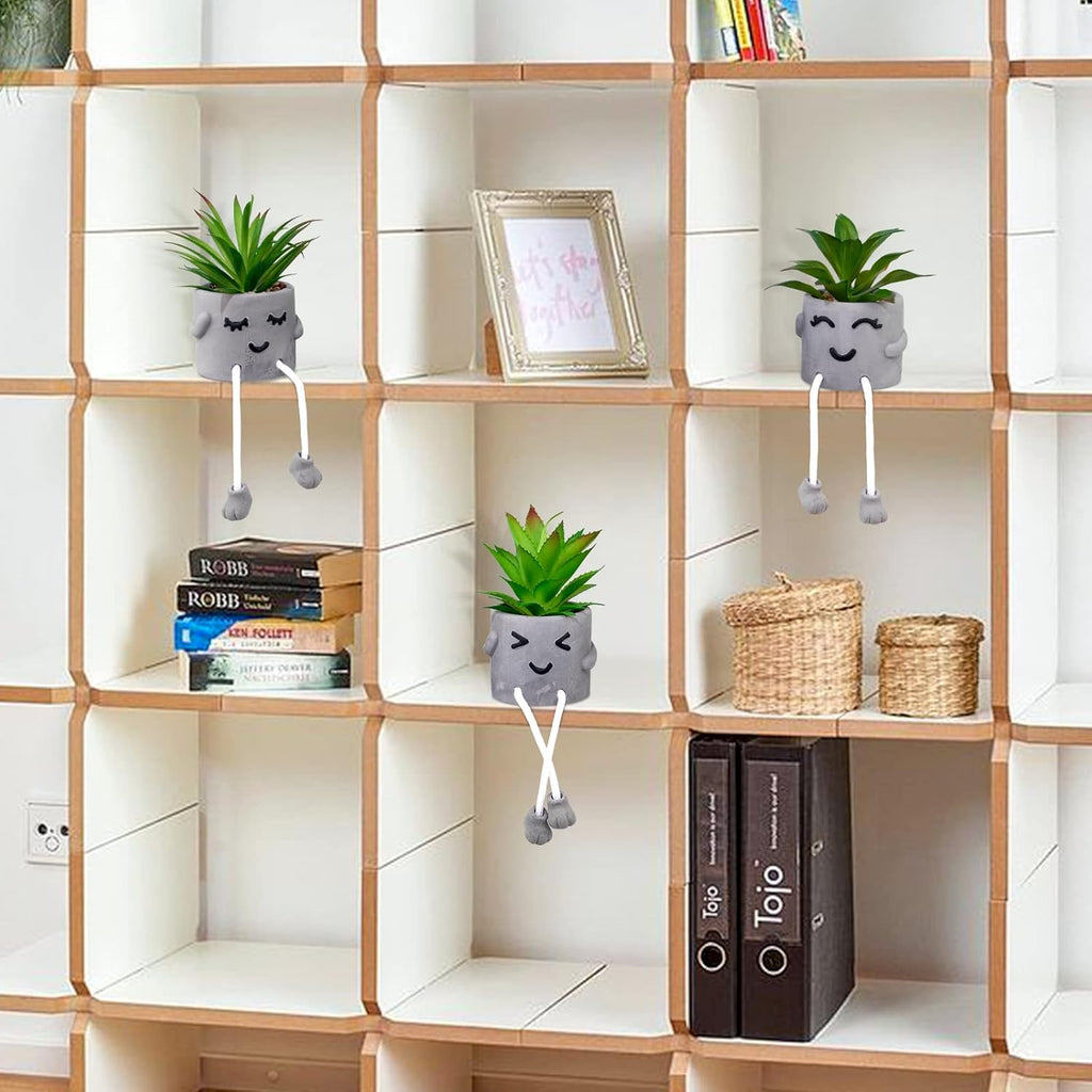 Creative Artificial Succulent Plants with Gray Pots Mini Potted Succulents Cute Fake Plants Succulents with Hanging Leg & Emotional Cement for Home Office Desk Decor and Gift Choice