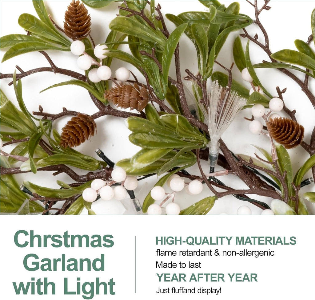 6.5FT Christmas Garland with Star Lights,Prelit Christmas Decorations,Lighted Garland with Battery Operated,Denser Realistic Olive Leaves Greenery Home Decor for Mantle Fireplace Table Indoor Outdoor
