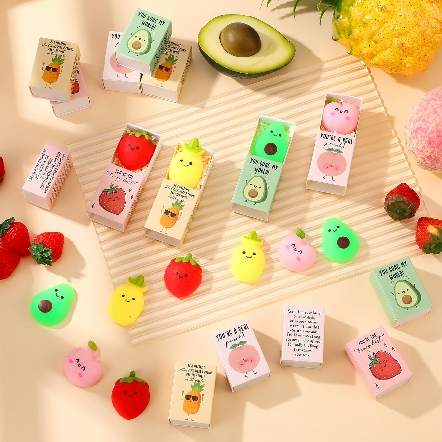 Wettarn 24 Sets Appreciation Fruit Gifts Cute Stress Balls with Support Gift Boxes Inspirational Party Favors for Employee Coworker Friends Office Positive Relief Toys