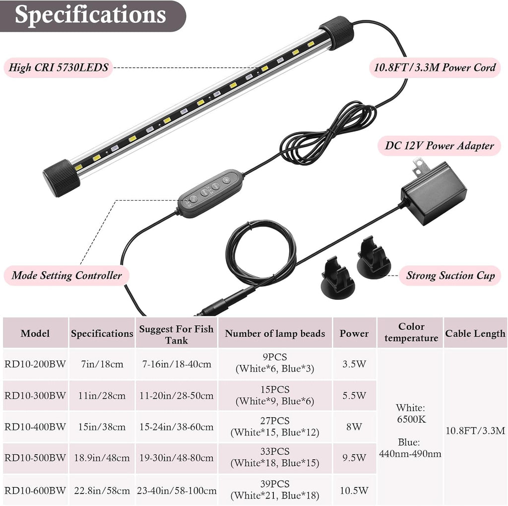 Dirvin 11inches 24/7 Mode Submersible Aquarium LED Light, 15 LED Beads 3 Colors Fish Tank Light with Timer Brightness Adjustable, Sunrise-Daylight-Moonlight Simulation for 11"-20" Fish Tank, 5.5W