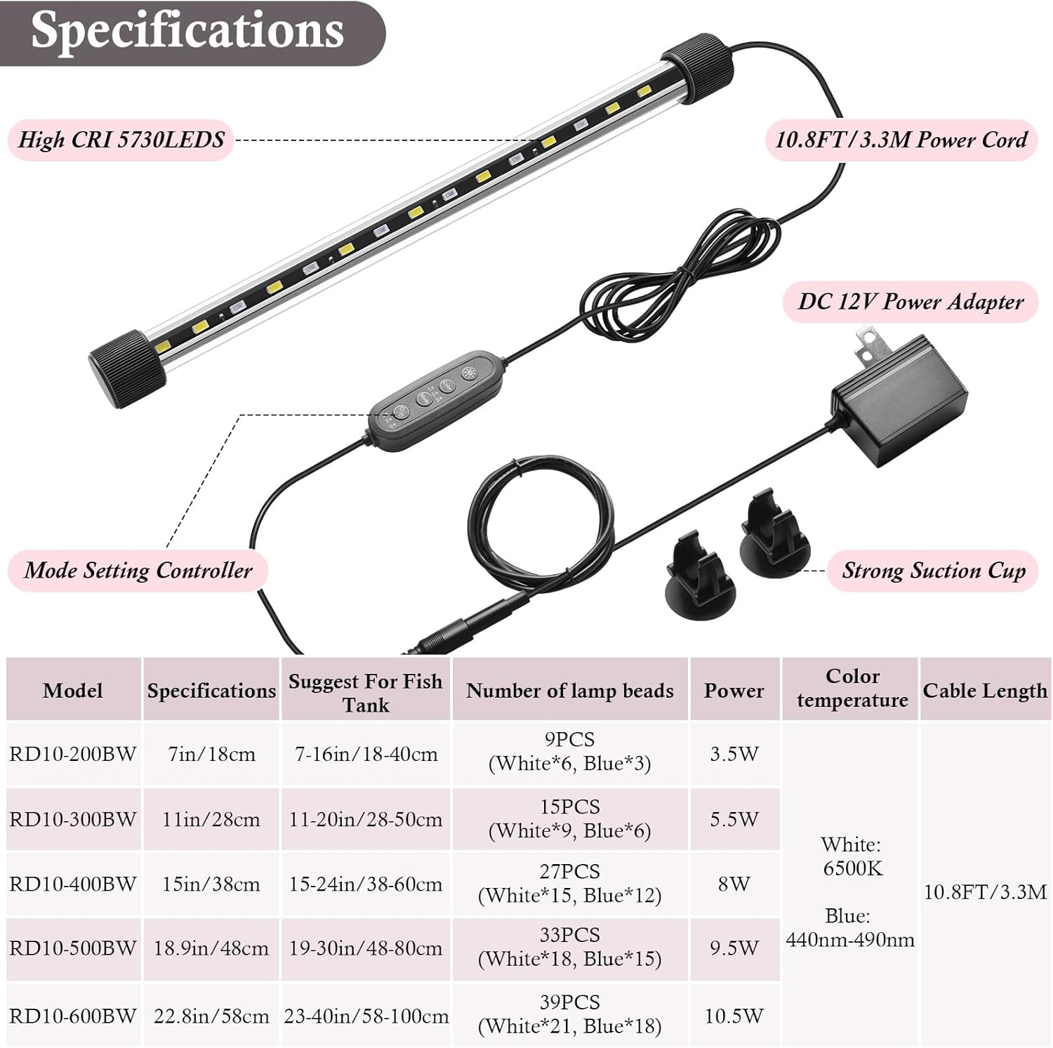 Dirvin 11inches 24/7 Mode Submersible Aquarium LED Light, 15 LED Beads 3 Colors Fish Tank Light with Timer Brightness Adjustable, Sunrise-Daylight-Moonlight Simulation for 11"-20" Fish Tank, 5.5W