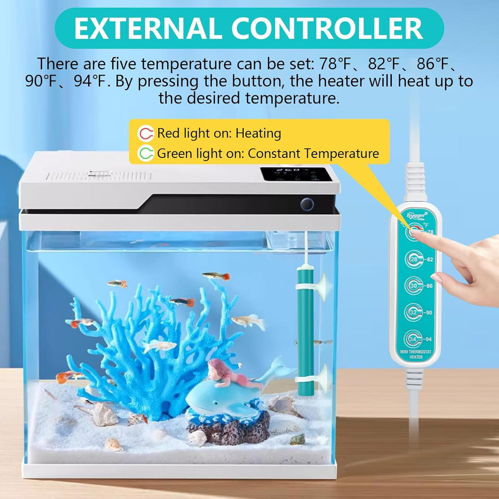 hygger Mini Submersible Aquarium Heater, Turtle and Betta Fish Tank Heater with Five-Key External Controller 78℉、82℉、86℉、90℉、94℉ for Freshwater Small Tank