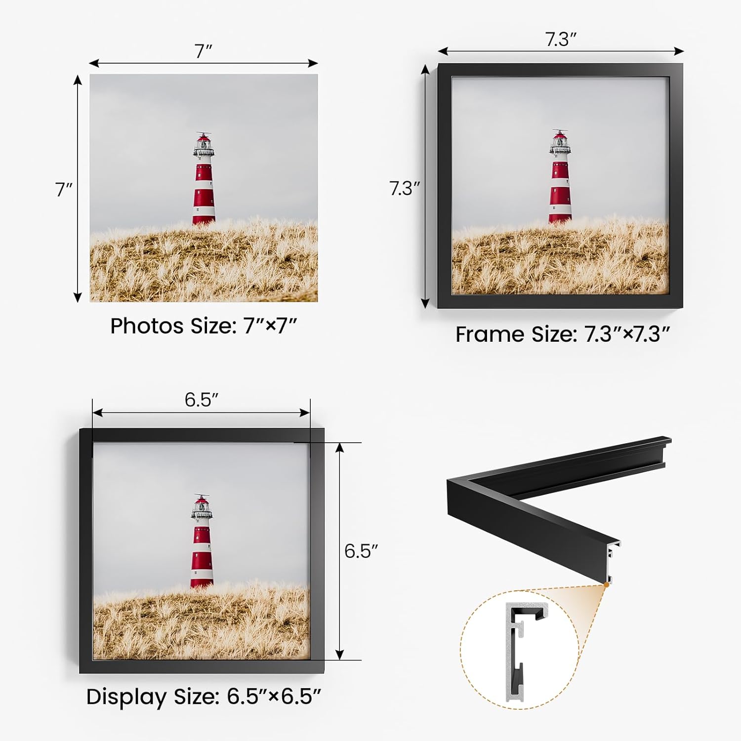 7x7 Aluminum Metal Picture Frame,Tempered Glass Black Photo Frame 7x7 for Family Photo,Posters,Art,Document to Wall Mount Horizontally or Vertically