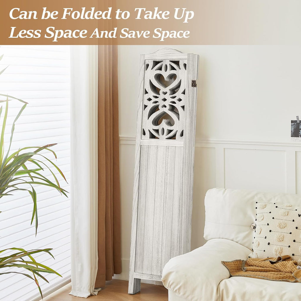 6 Panel Wood Room Divider 5.6Ft Carved Room Divider and Folding Privacy Screen, Minimalism Portable Partition Screen Divider for Room Separation, Room Decoration for Home Office - White