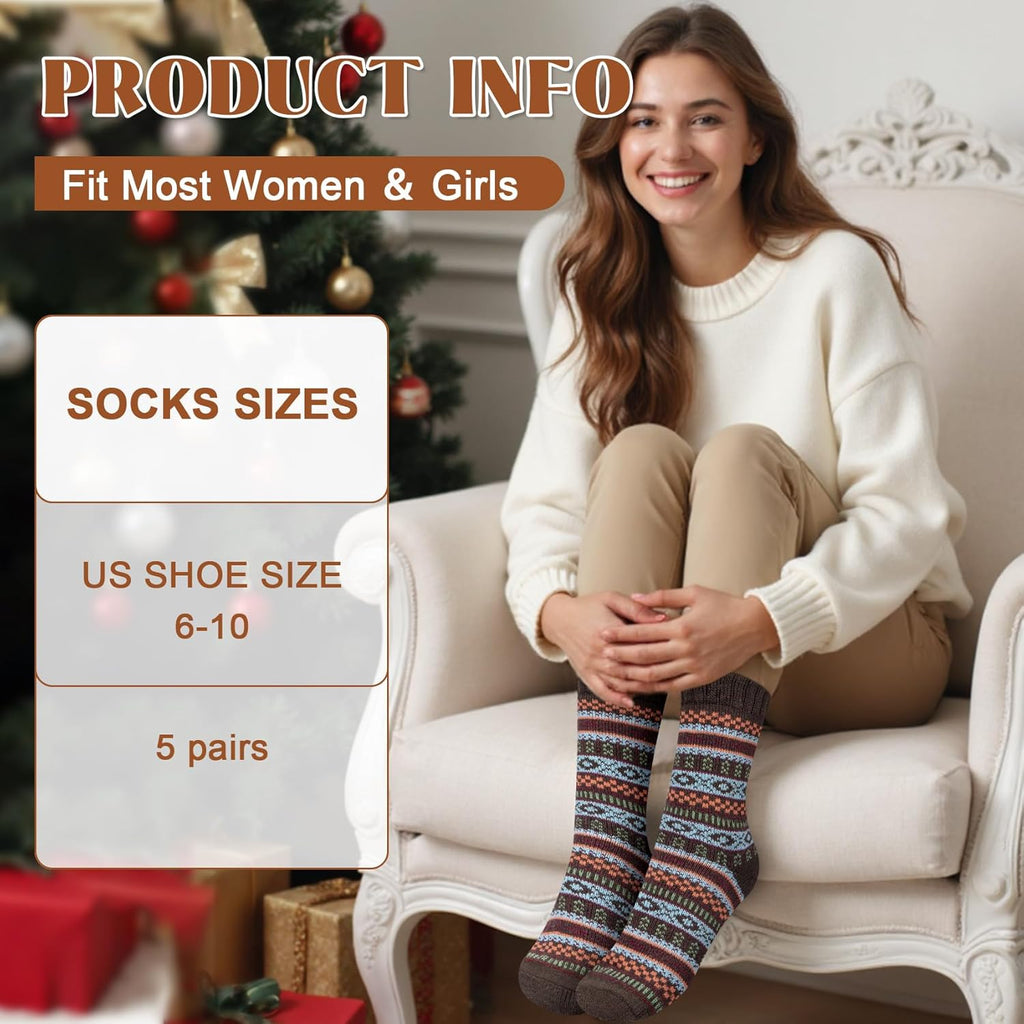 Justay 5 Pairs Wool Socks for Women - Winter Thick Boot Cozy Crew Vintage Soft Calf Knit Warm Socks Gifts