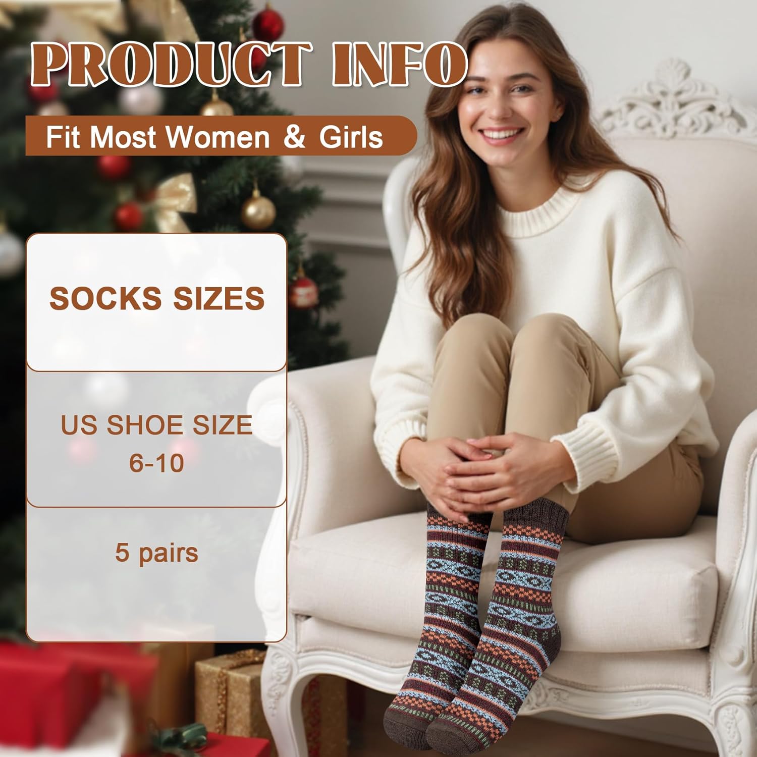 Justay 5 Pairs Wool Socks for Women - Winter Thick Boot Cozy Crew Vintage Soft Calf Knit Warm Socks Gifts