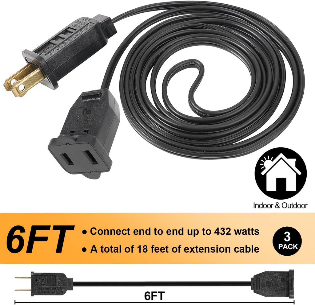 3 Pack Black Extension Cord 6 Feet Waterproof, 2 Prong Extension Cords with 2 Pole Brass Straight Blades Polarized Plug Short Extension Cords, for Connect/Extend String Light Indoor Outdoor (18Ft)
