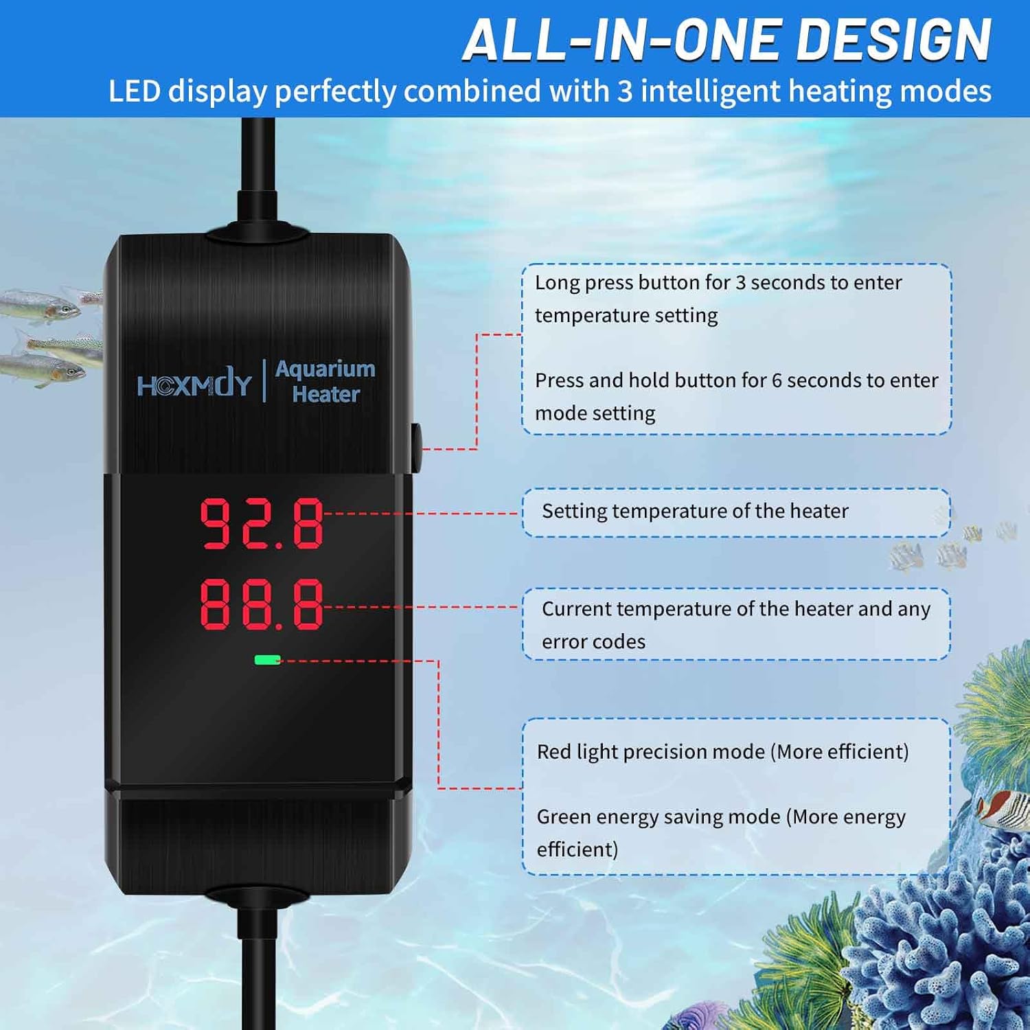 Aquarium Heater - 300W Fish Tank Heater Suitable for 40-75 Gallon, Double Digital Display LED Controller, Double Probe Protection Buzzer with 2 Suction Cups Suitable for Fresh and Saltwater