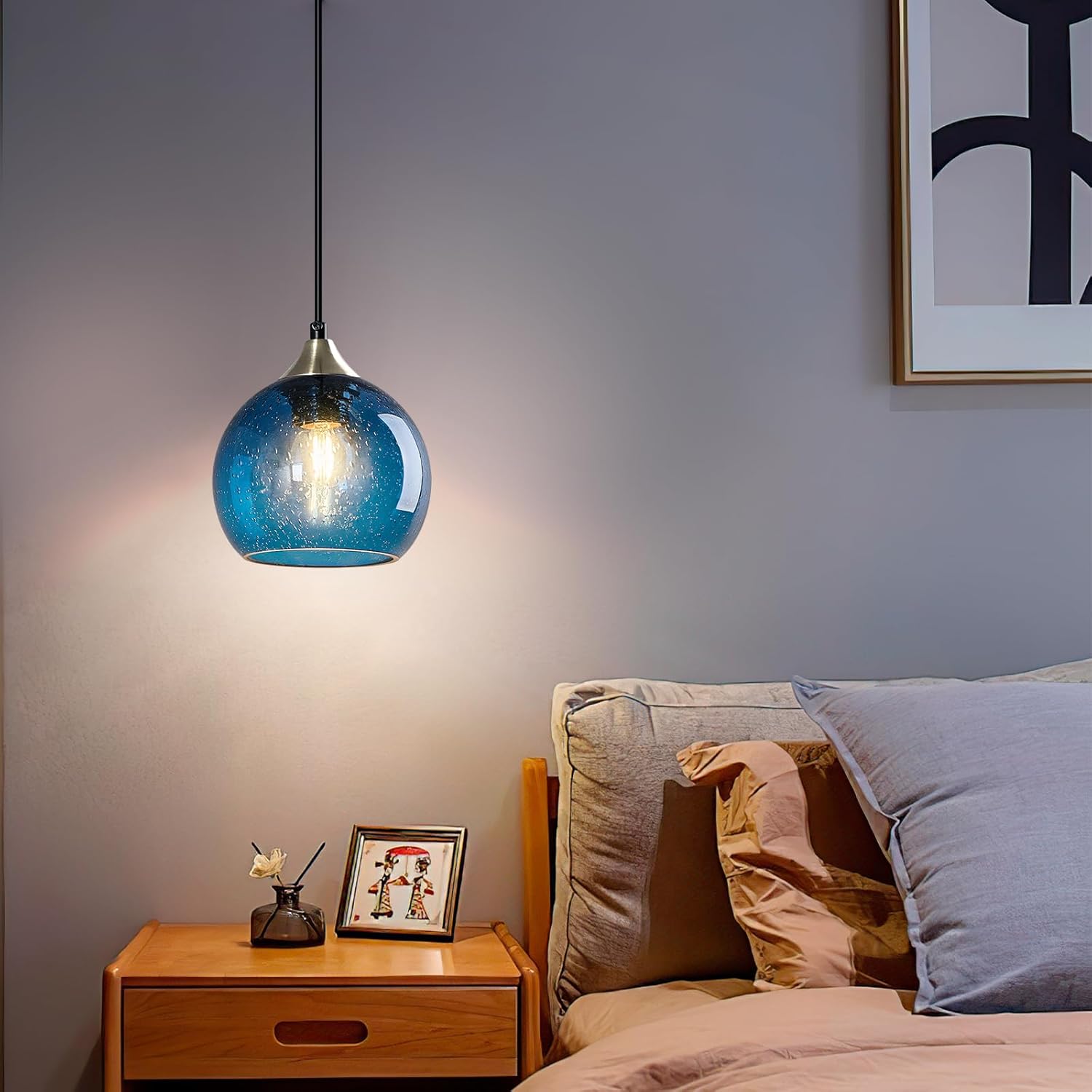 Blue Glass Pendant Lights Kitchen Island Lighting Globe Pendant Light Fixtures Modern Lighting for Kitchen Island Bedroom Living Dining Room (5.9in, 2-Pack)