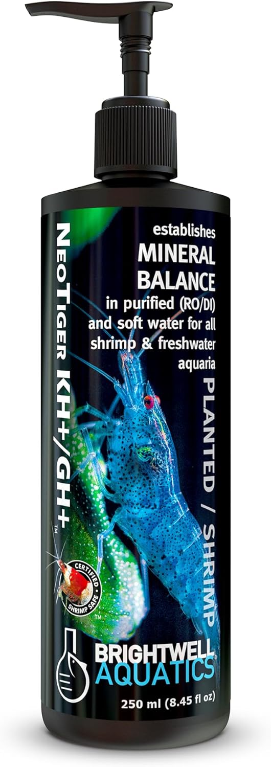 Brightwell Aquatics NeoTiger KH+/GH+ Mineral Supplement Balances Hardness in RO/DI Water with Calcium Magnesium Potassium Sodium for Shrimp Fish Planted Aquariums, 250 ml