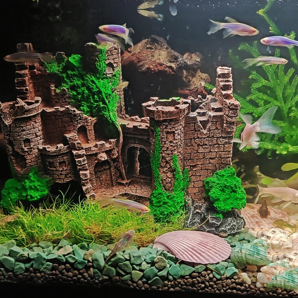 Mipukbay Aquarium Decor Castle, Resin Fish Tank Ornament for Freshwater/Saltwater, Safe Green Landscape Rock Cave