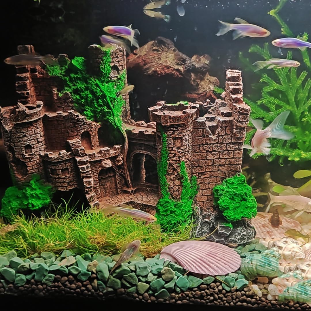 Mipukbay Aquarium Decor Castle, Resin Fish Tank Ornament for Freshwater/Saltwater, Safe Green Landscape Rock Cave