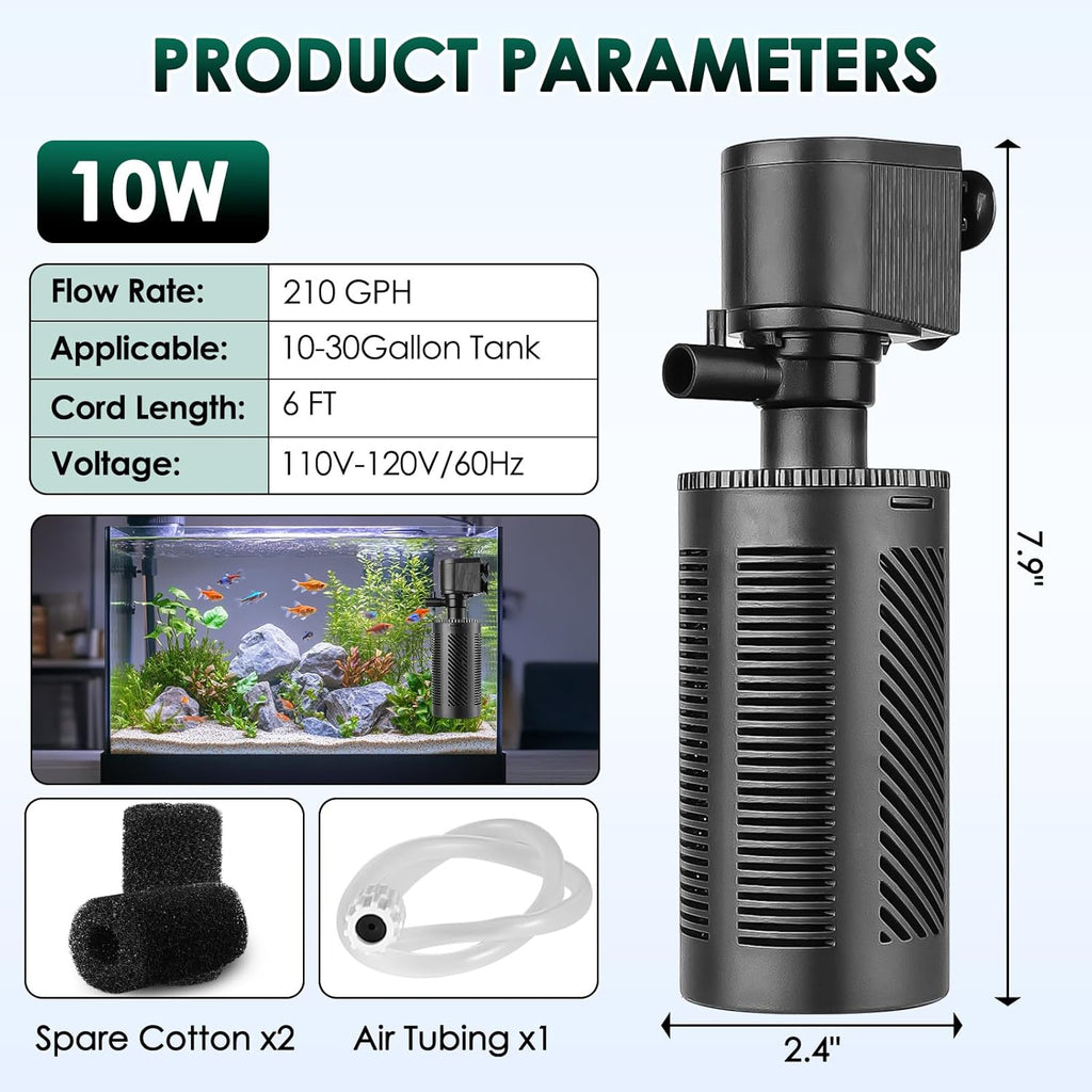 hygger 10-30 Gallon Submersible Aquarium Internal Filter In-Tank Filtration with Aeration for Saltwater and Freshwater Fish Tank Filters 210 GPH