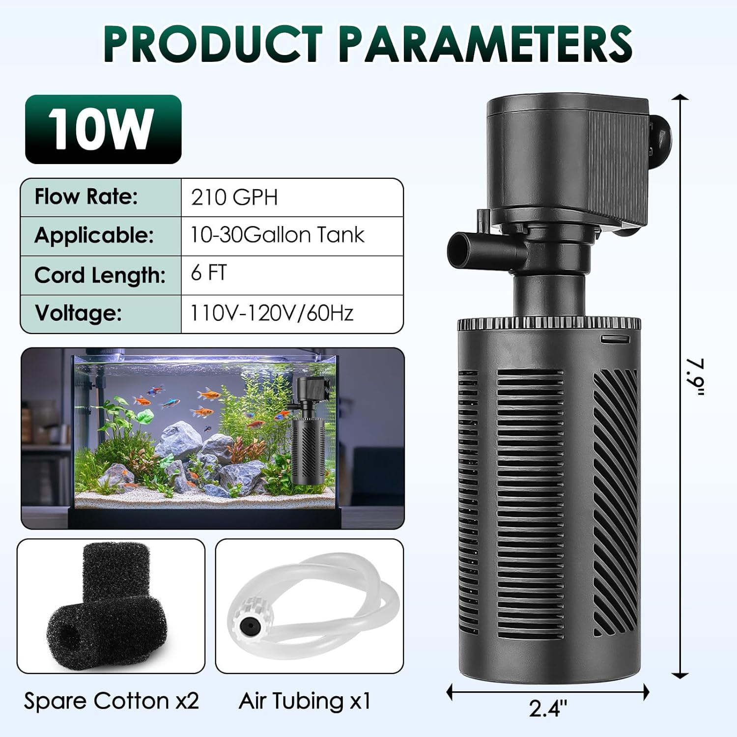hygger 10-30 Gallon Submersible Aquarium Internal Filter In-Tank Filtration with Aeration for Saltwater and Freshwater Fish Tank Filters 210 GPH
