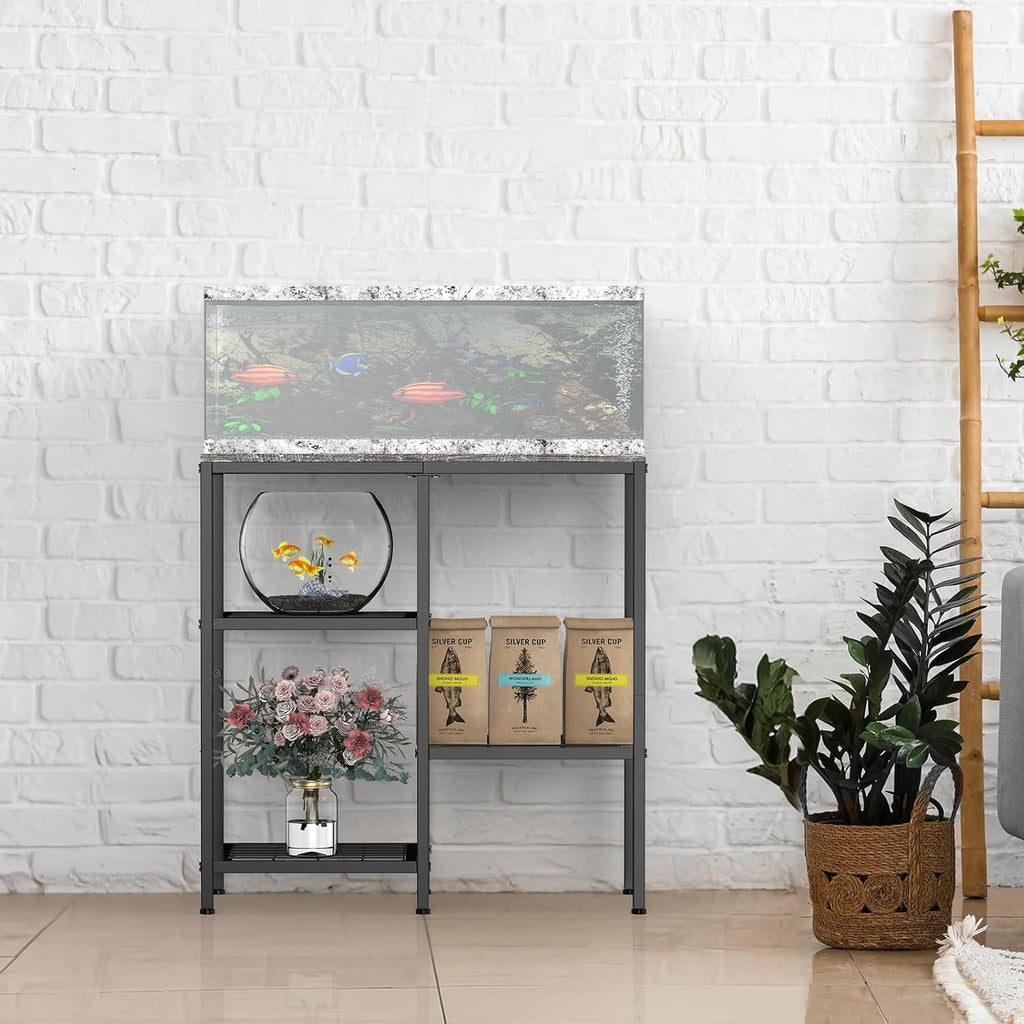 YBING Fish Tank Stand, 20 Gallon Aquarium Stand with Shelf, Metal Turtle Reptile Tank Stand, with 3 Small Mesh Shelves, 330 LBS Capacity Gray
