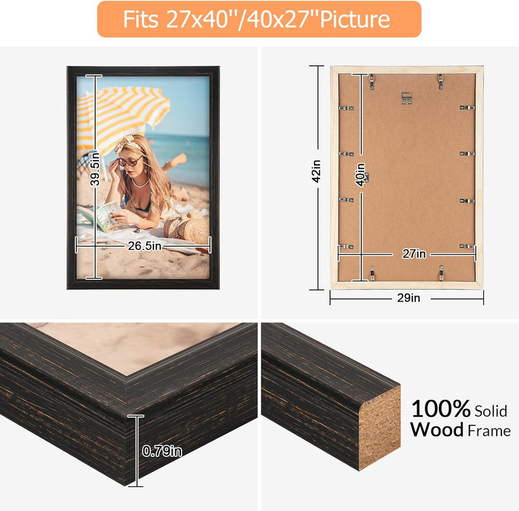 27x40 Wood Frame Black, Rustic Natural Wooden 40x27in Poster Picture Frame, Distressed 27 x 40inch Woodgrain Gallery Photo Frame with HD Plexiglass, Horizontal Vertical Wall Mounting Display 1pcs