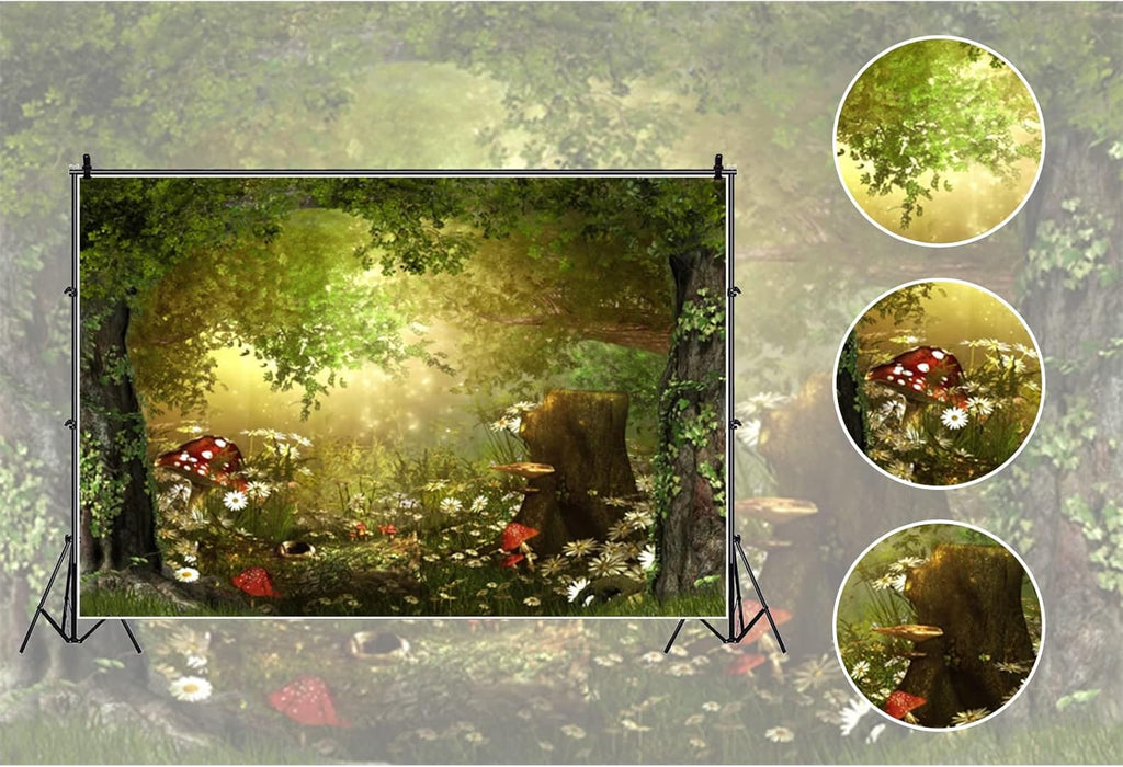 Fairy Tale Forest Wonderland Backdrops for Photography Vinyl 7x5ft Green Trees Wildflowers Daisy Mushroom Scenery Photo Background Portrait Kid Boy Girl Photoshoot Studio Prop Party Decor