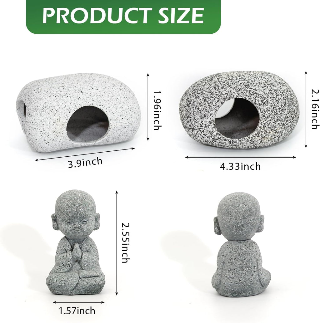 Aquarium Decorations Rock Caves Decor Betta Fish Tank Accessories 5PCS Hideout Stones House, 1PCS Aquarium Buddha Statue Decorations with Plastic Plants for Aquatic Pets Hide