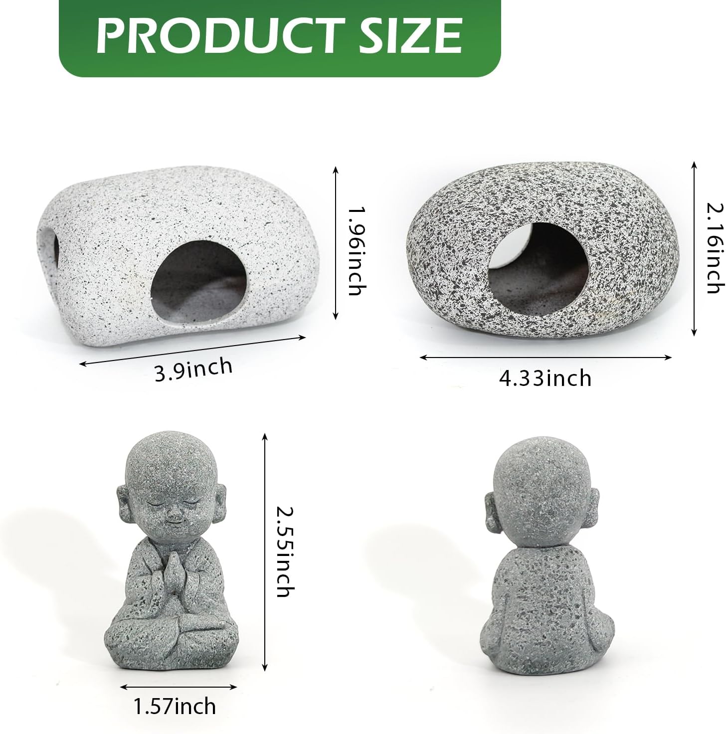 Aquarium Decorations Rock Caves Decor Betta Fish Tank Accessories 5PCS Hideout Stones House, 1PCS Aquarium Buddha Statue Decorations with Plastic Plants for Aquatic Pets Hide