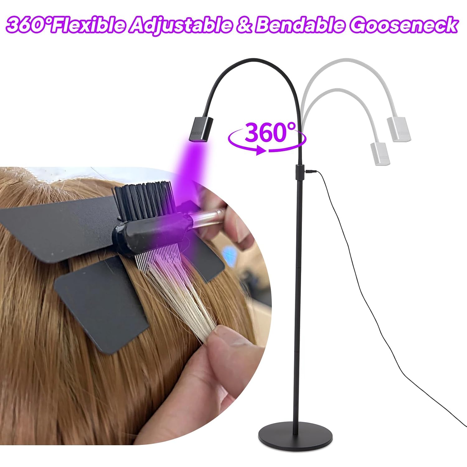 UV Hair Extensions Floor Lamp with Foot Pedal, 15W V Light Hair Extensions Kit, 360°Flexible Adjustable & Bendable Gooseneck UV Hair Extension Lamp Beauty Salon, Rapid Dry in 2-3 Seconds, Black