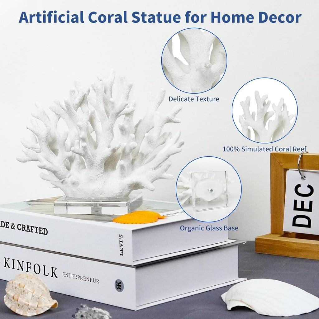 Coral Reef Ocean Decor, 6.3'' High x 7.5'' Width Artificial Resin Coral Reef Statue for Ocean Coastal Beach Nautical Themed Room Bathroom Decor for Home, RB1001W, White