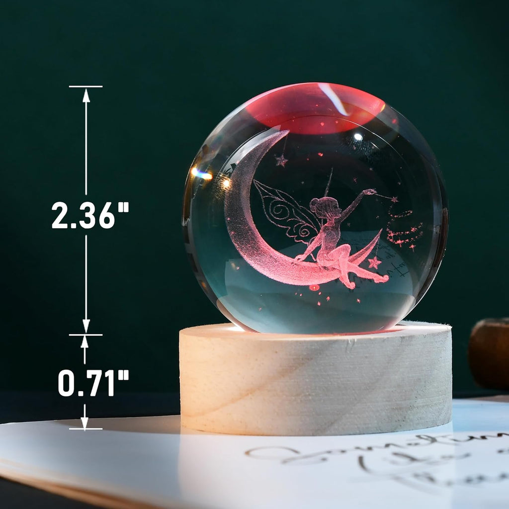 IFOLAINA Moon Fairy Crystal Ball - 3D Laser Engraved Glass Night Light, Decorative Globe, Crystal Moon Sphere - Gifts for Girls, Her, Fairy Lovers