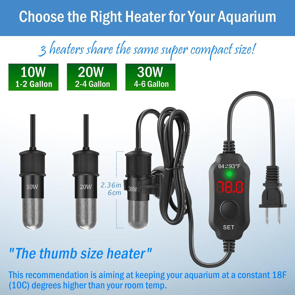 Super Mini Aquarium Heater 30W Betta Heater Adjustable Submersible Fish Heater Small Fish Tank Heater Turtle Heater with Digital Display Thermostat, for 4-6 Gallon Tanks