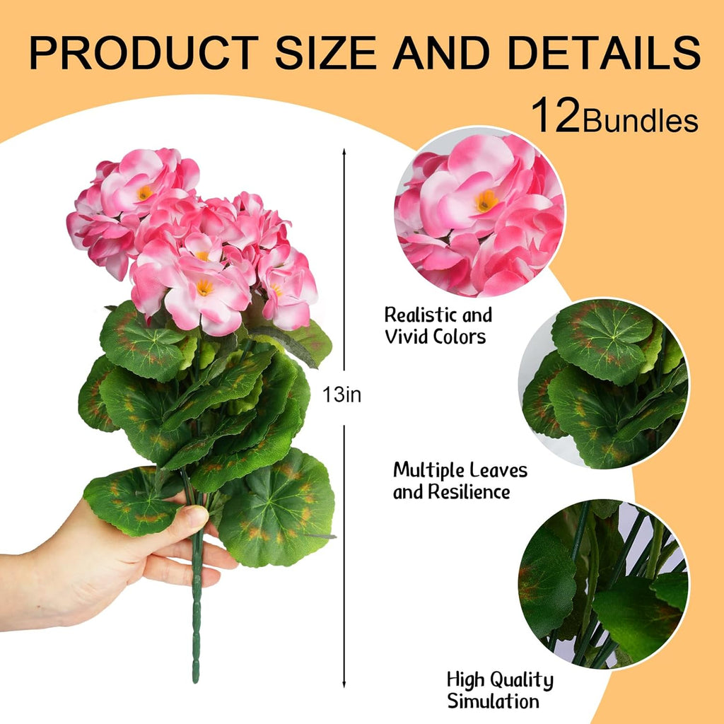 6 Bundles Artificial Flowers for Outdoors, Faux Geraniums Artificial Flowers Realistic, Faux Plants Outdoor UV Resistant for Garden Patio Porch Window Box Home Indoor Outdoor Decor (12, Pink)