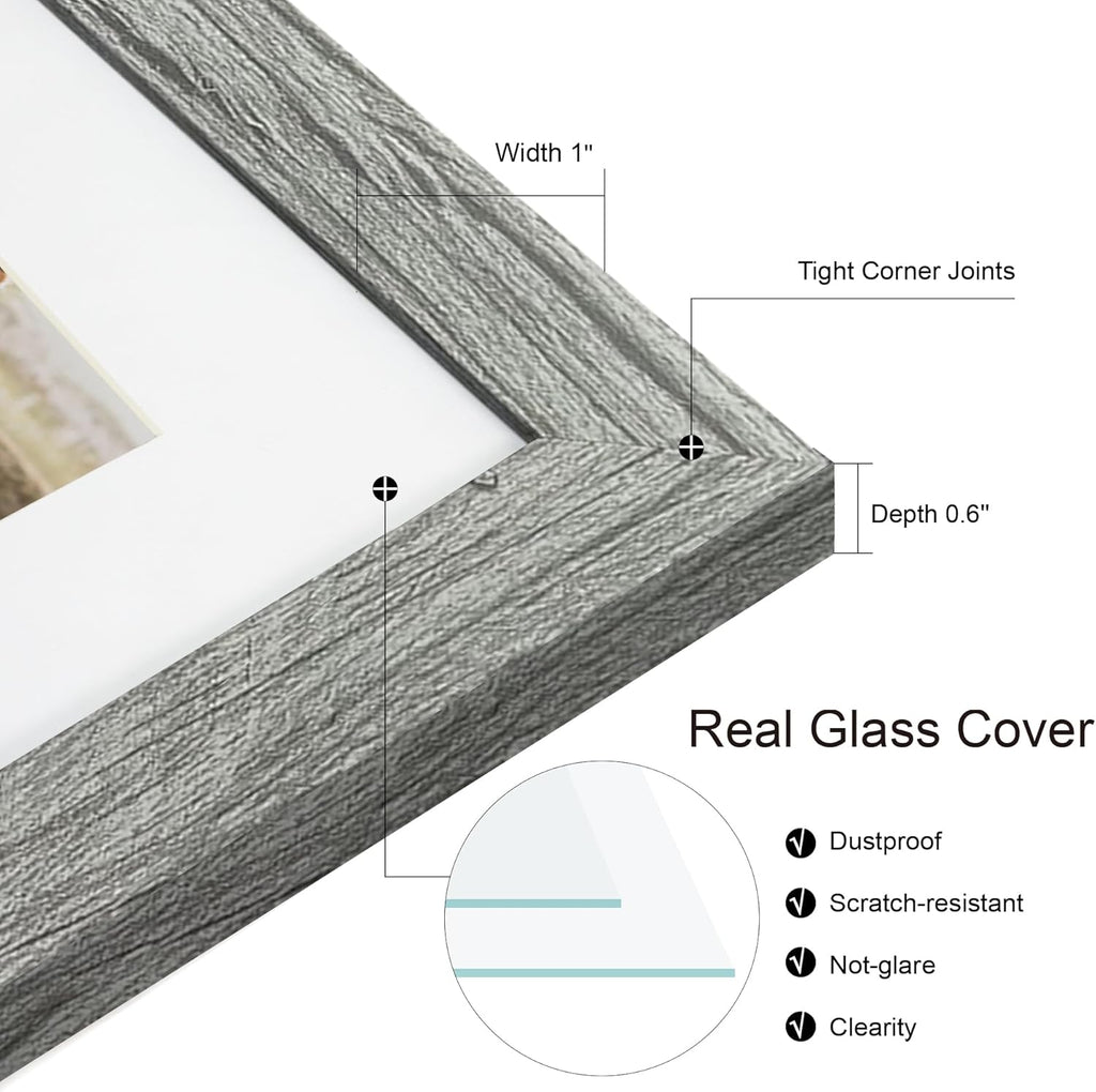 11x14 Picture Frame Set of 2, Grey Wood Frame with Real Glass Collage Picture Frames, Display Pictures Five 4x6 With Mat or 11 x 14 Without Mat, Photo Frames Wall Gallery