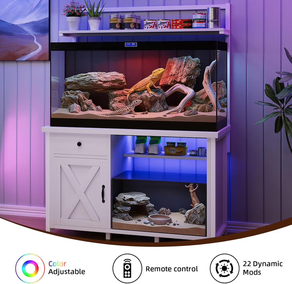 Reptile Tank Stand with Power Outlet, Terrarium Stand with Storage Cabinet, 49" X 20" Tabletop, Aquarium Stand with LED Lights, Reptile Terrarium,Turtle Tank, 1100LBS, White