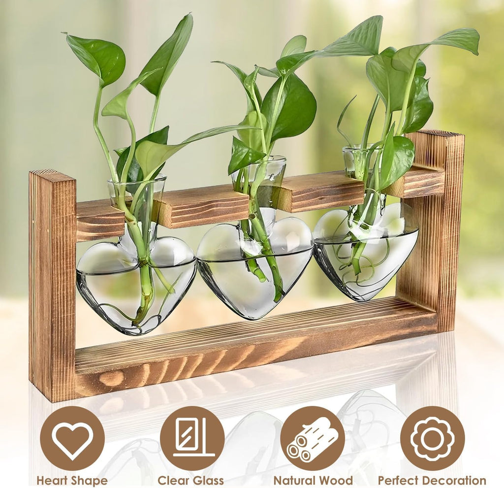 Plant Propagation Station, Plant Terrarium with Wooden Stand, Tabletop Glass Planter Desktop Plants Propagation Vase for Hydroponics Plants - 3 Heart Shaped Vases