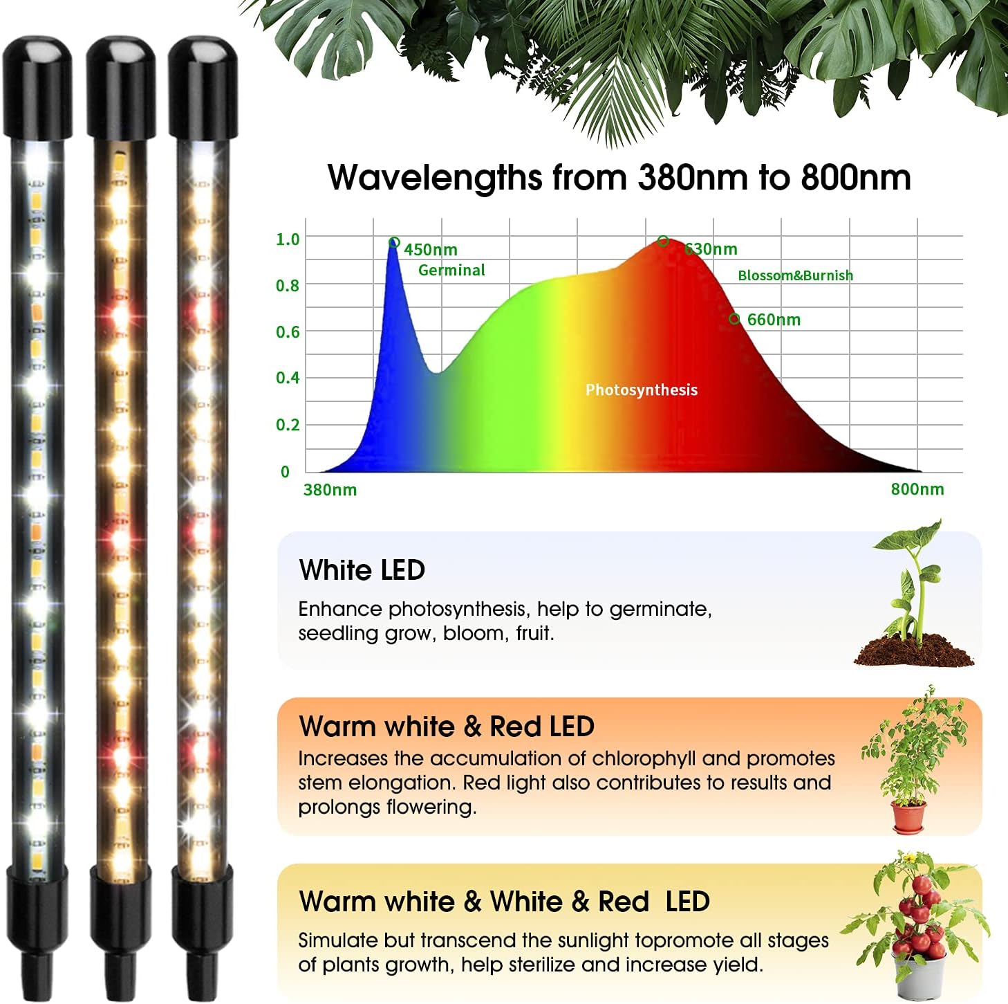 Wolezek Grow Lights for Indoor Plants, 80 LED 4 Heads Full Spectrum Grow Light with Clip, Plant Light with 5000K 3000K 660nm LED Chips, Auto Timer 6 12 16 Hrs, Grow Lamp for Seed Starting