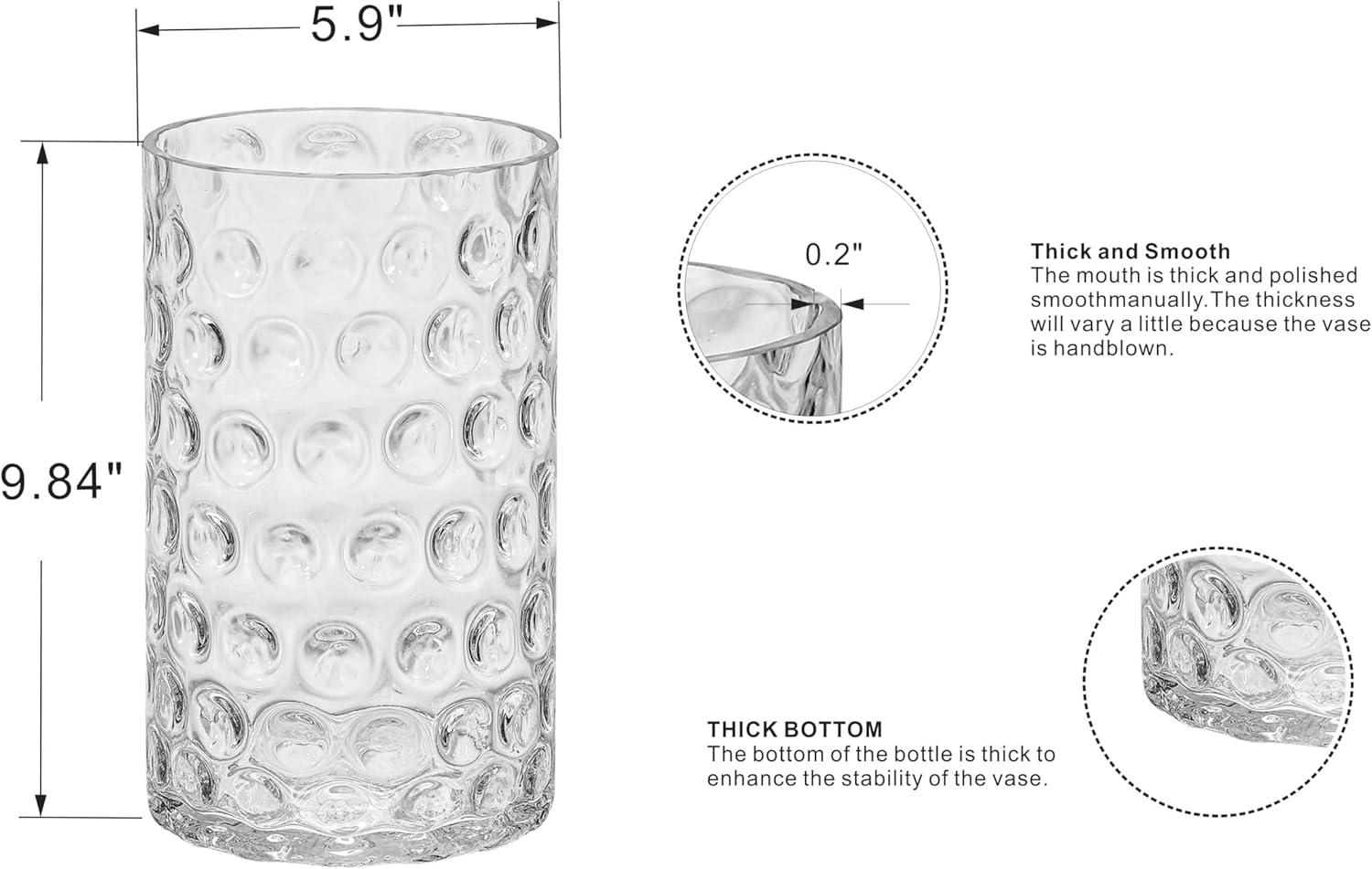 6" Wide 10" High Decorative Glass Cylinder Vase with Dimpled Circle Pattern, 8 Inch Tall, Clear (1, 6"x10")